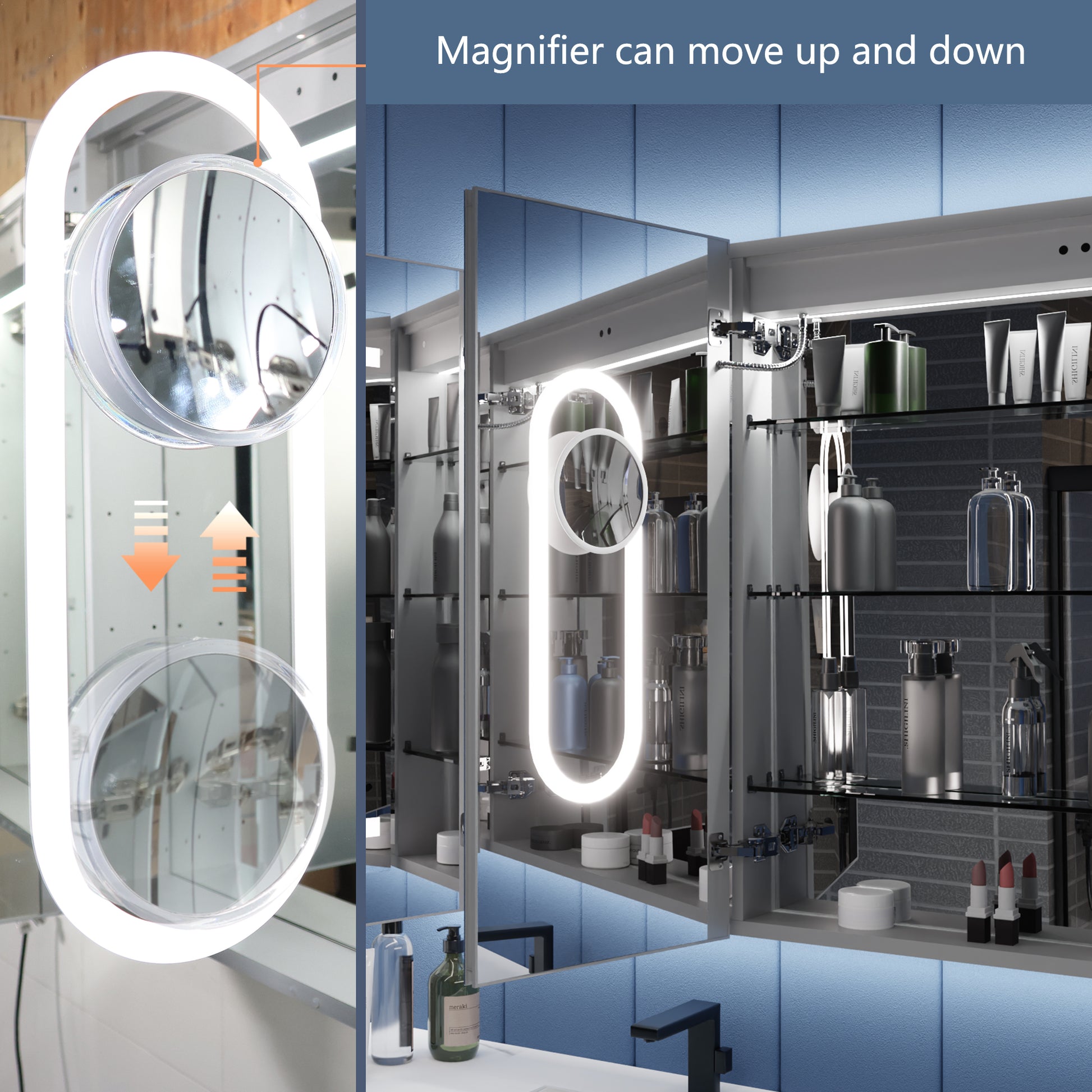 Illusion-B 66" x 36" LED Lighted Inset Mirrored Medicine Cabinet with Magnifiers Front and Back Light - ExBriteUSA