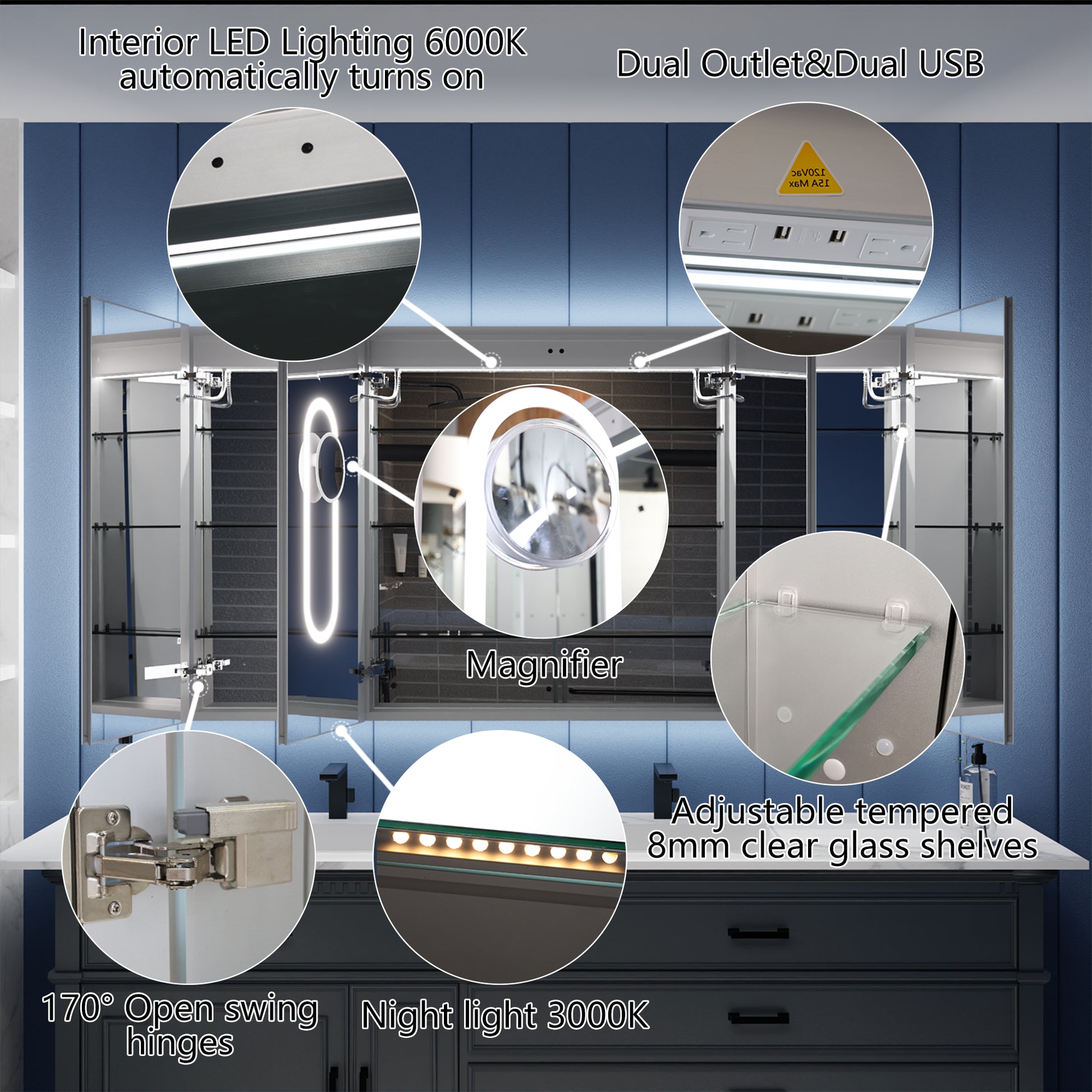 Illusion-B 66" x 36" LED Lighted Inset Mirrored Medicine Cabinet with Magnifiers Front and Back Light - ExBriteUSA