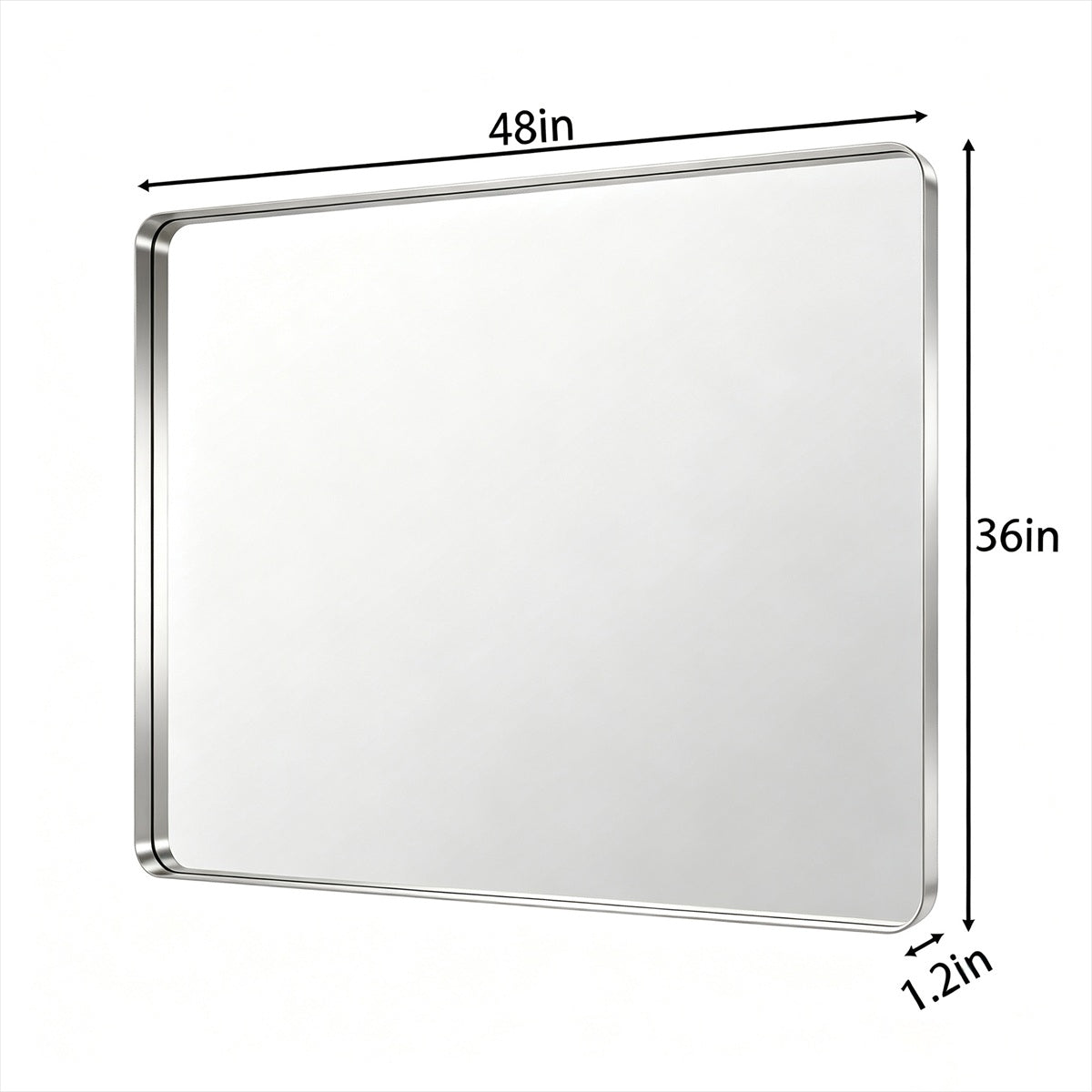 A rectangular wall mirror with rounded corners and a slim metallic frame, shown with dimension labels indicating 48 inches wide, 36 inches tall, and 1.2 inches thick on a white background.