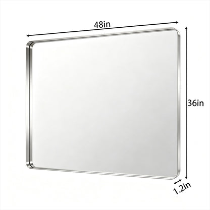 A rectangular wall mirror with rounded corners and a slim metallic frame, shown with dimension labels indicating 48 inches wide, 36 inches tall, and 1.2 inches thick on a white background.