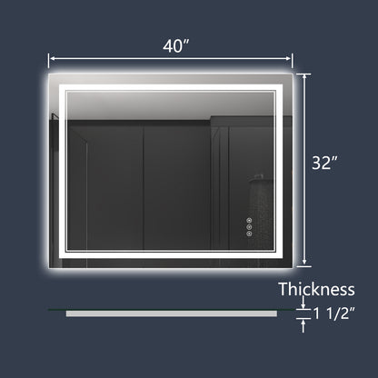 Linea 40" W x 32" H LED Heated Bathroom Mirror,Anti Fog,Dimmable,Front-Lighted and Backlit, Tempered Glass
