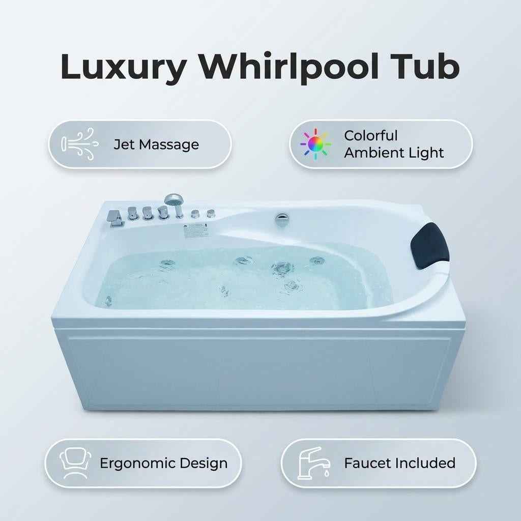 67" Acrylic Whirlpool Bathtub with 8 Hydro Massage Jets, Right Drain, 110V UL Certified Jetted Tub|Exbrite