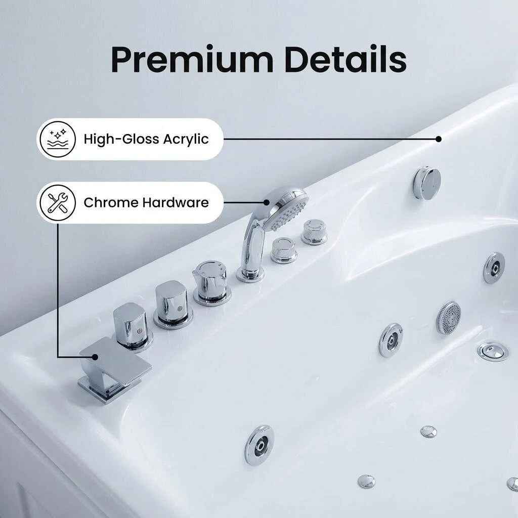 67" Acrylic Whirlpool Bathtub with 8 Hydro Massage Jets, Right Drain, 110V UL Certified Jetted Tub|Exbrite