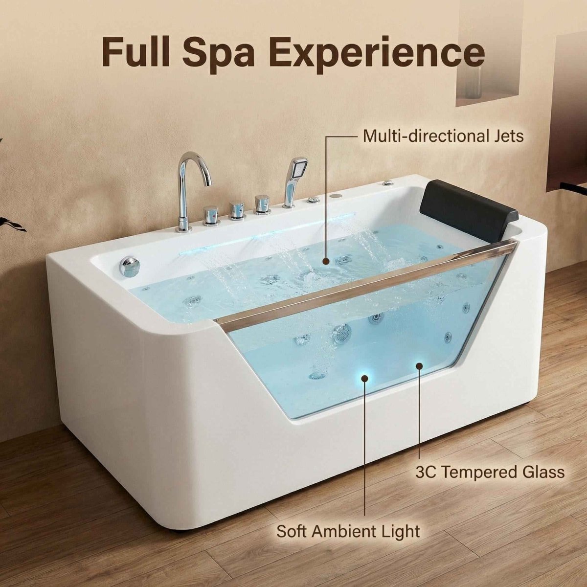 67" Whirlpool Bathtub, Hydrotherapy Jetted Bathtub with Glass Panel, 7 Jets,3-Side Apron,89 Gallons,White|Exbrite