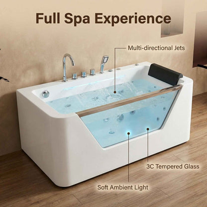 67" Whirlpool Bathtub, Hydrotherapy Jetted Bathtub with Glass Panel, 7 Jets,3-Side Apron,89 Gallons,White|Exbrite