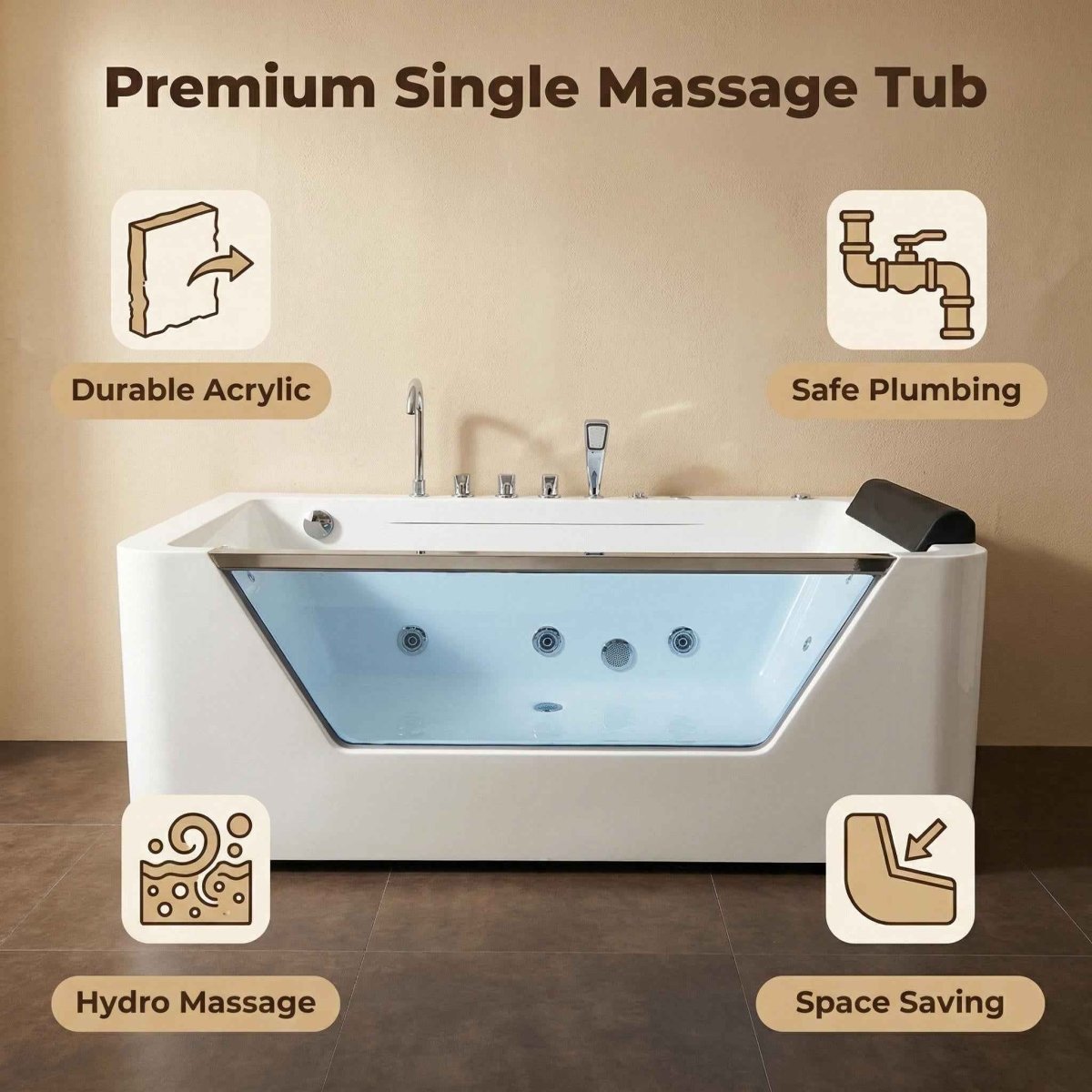 67" Whirlpool Bathtub, Hydrotherapy Jetted Bathtub with Glass Panel, 7 Jets,3-Side Apron,89 Gallons,White|Exbrite