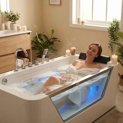 67" Whirlpool Bathtub, Hydrotherapy Jetted Bathtub with Glass Panel, 7 Jets,3-Side Apron,89 Gallons,White|Exbrite