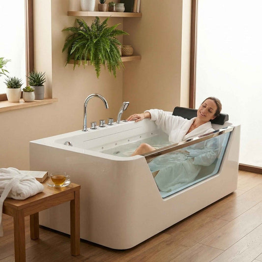 67" Whirlpool Bathtub, Hydrotherapy Jetted Bathtub with Glass Panel, 7 Jets,3-Side Apron,89 Gallons,White|Exbrite