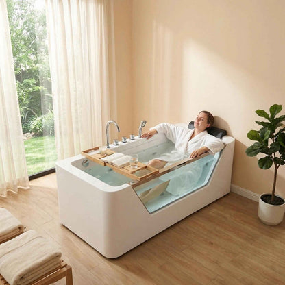 67" Whirlpool Bathtub, Hydrotherapy Jetted Bathtub with Glass Panel, 7 Jets,3-Side Apron,89 Gallons,White|Exbrite