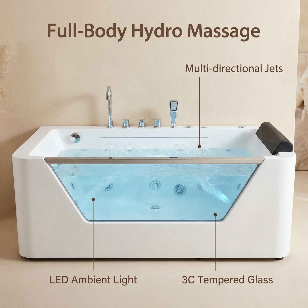 67" Whirlpool Bathtub, Hydrotherapy Jetted Bathtub with Glass Panel, 7 Jets,3-Side Apron,89 Gallons,White|Exbrite