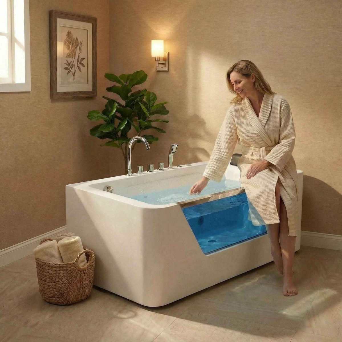 67" Whirlpool Bathtub, Hydrotherapy Jetted Bathtub with Glass Panel, 7 Jets,3-Side Apron,89 Gallons,White|Exbrite