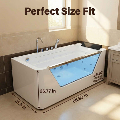 67" Whirlpool Bathtub, Hydrotherapy Jetted Bathtub with Glass Panel, 7 Jets,3-Side Apron,89 Gallons,White|Exbrite