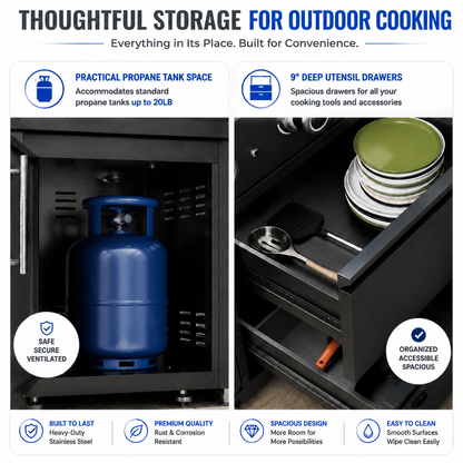46-Inch 4-Burner 72000 BTU Deluxe Stainless Steel Gas Outdoor Kitchen Bar Barbecue Island Grill + Wine Cooler Compact Refrigerator + Rotisserie kit + Granite Countertops + Stainless steel Sink-85