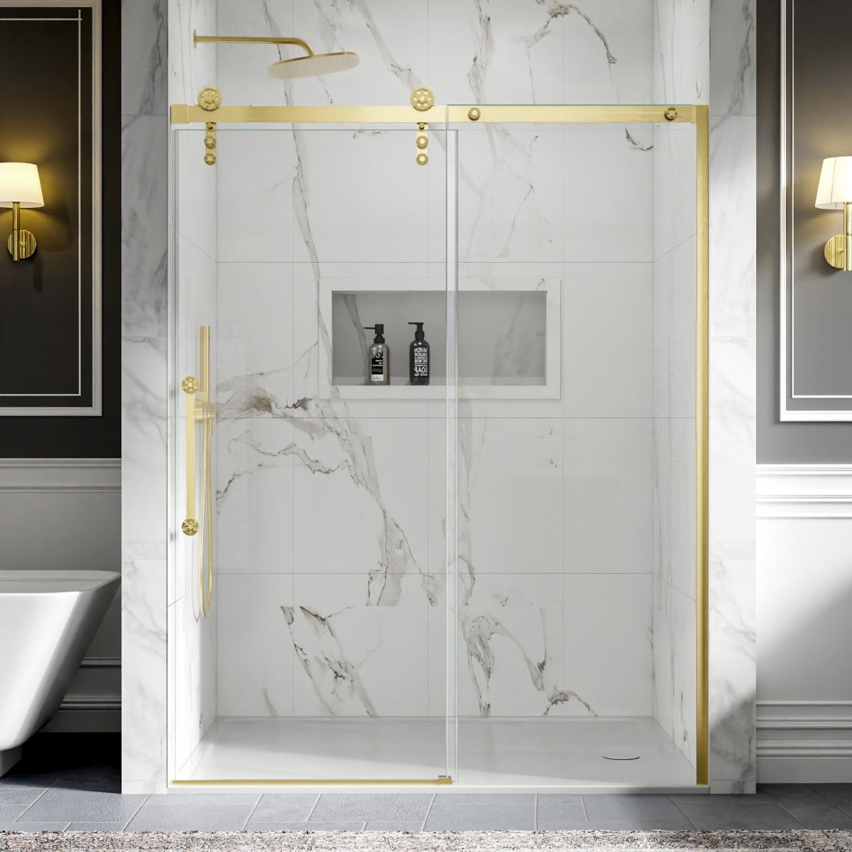 56-60" x 76" Frameless Barn Door Style Shower Door - Brushed Gold, Easy Clean, Fixed Glass Left | ExBrite Elysian-S Series