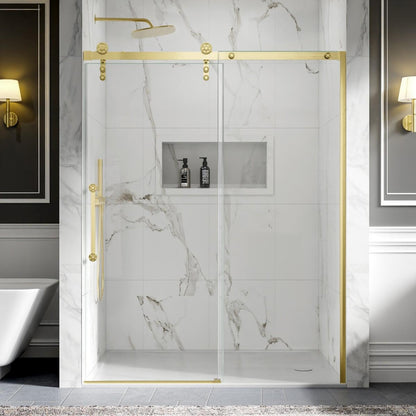 56-60" x 76" Frameless Barn Door Style Shower Door - Brushed Gold, Easy Clean, Fixed Glass Left | ExBrite Elysian-S Series