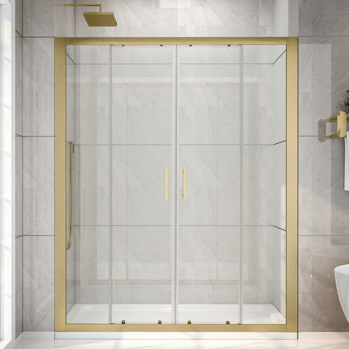 Gold-framed shower enclosure in a bathroom with tiled walls.