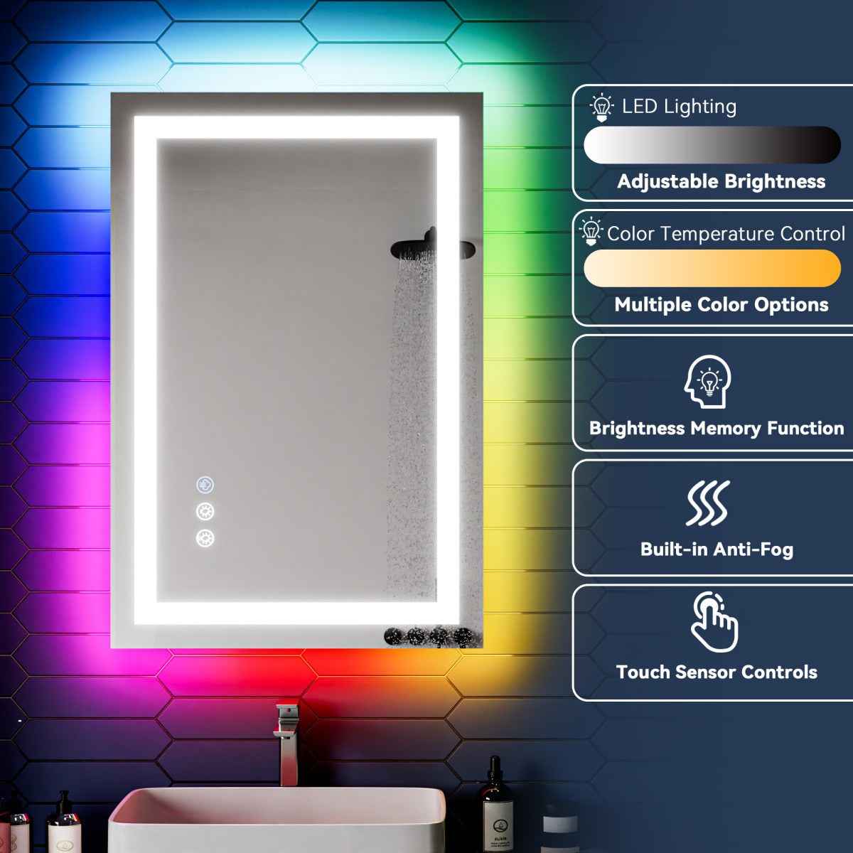 24"x 36" RGB Smart LED Bathroom Mirror–Color Changing Backlit Mirror with Anti-Fog & Dimmable Touch Control|Exbrite DYLUX