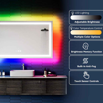 55"x 30" RGB Smart LED Bathroom Mirror–Color Changing Backlit Mirror with Anti-Fog & Dimmable Touch Control|Exbrite DYLUX