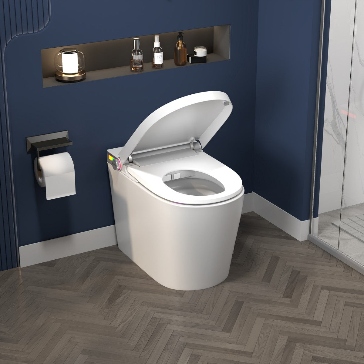 Exbrite Smart Toilet With Foot Sensing Open Cover & Seat, No Water Pressure Limitation, Night Light, Leakage Protection, Side Knob With Multiple Controls, Remote Control, Auto Flushing, White Screen