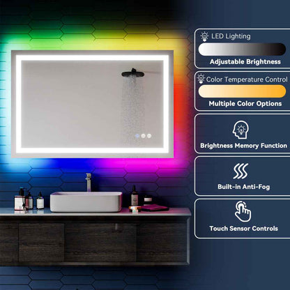 48"x 32" RGB Smart LED Bathroom Mirror–Color Changing Backlit Mirror with Anti-Fog & Dimmable Touch Control|Exbrite DYLUX