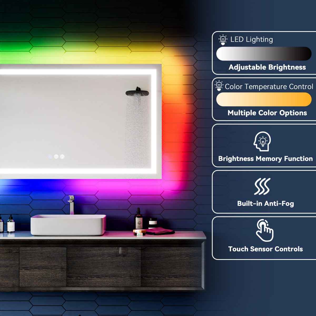 36"x 72" RGB Smart LED Bathroom Mirror–Color Changing Backlit Mirror with Anti-Fog & Dimmable Touch Control|Exbrite DYLUX