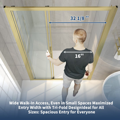 Nexus 44-48W x 70.H Easy Clean Framed Tri-Fold Sliding Shower Door with 1/4" (6mm) Clear SGCC Tempered Glass,Brushed Golde Finish