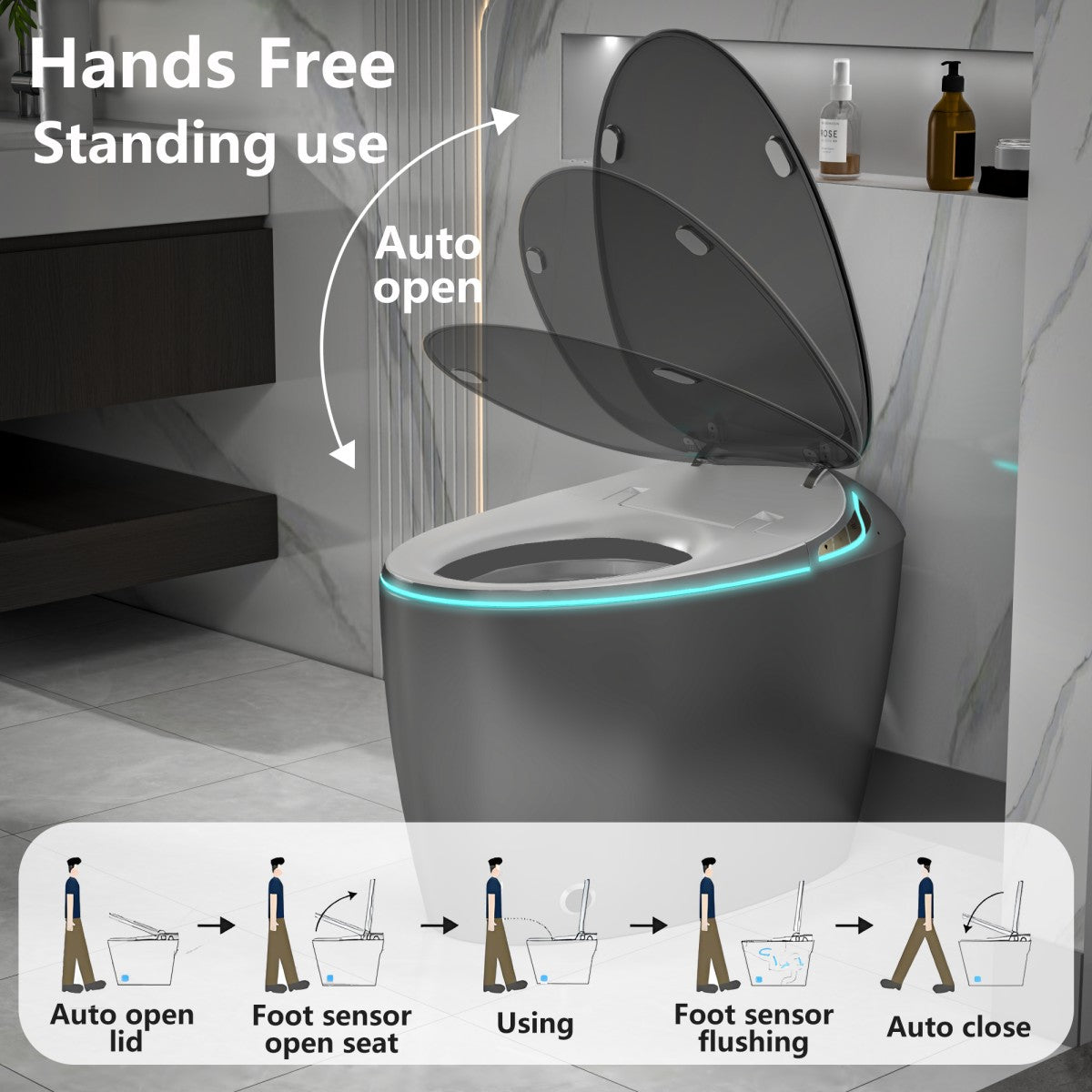 EP Exbrite Unique Smart Toilet with Bidet Built In, Intelligent One Piece Toilet For Modern Bathroom, Auto Open/Close Seat, Foot Sensor, LED Display,Night Light, Warm Water & Dryer,Grey