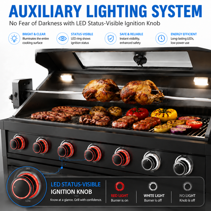 43-Inch 6-Burner 85,000 BTU Stainless Steel Outdoor Kitchen Island Grill with Wine Cooler Refrigerator, Rotisserie Kit, Granite Countertops & Stainless Steel Sink