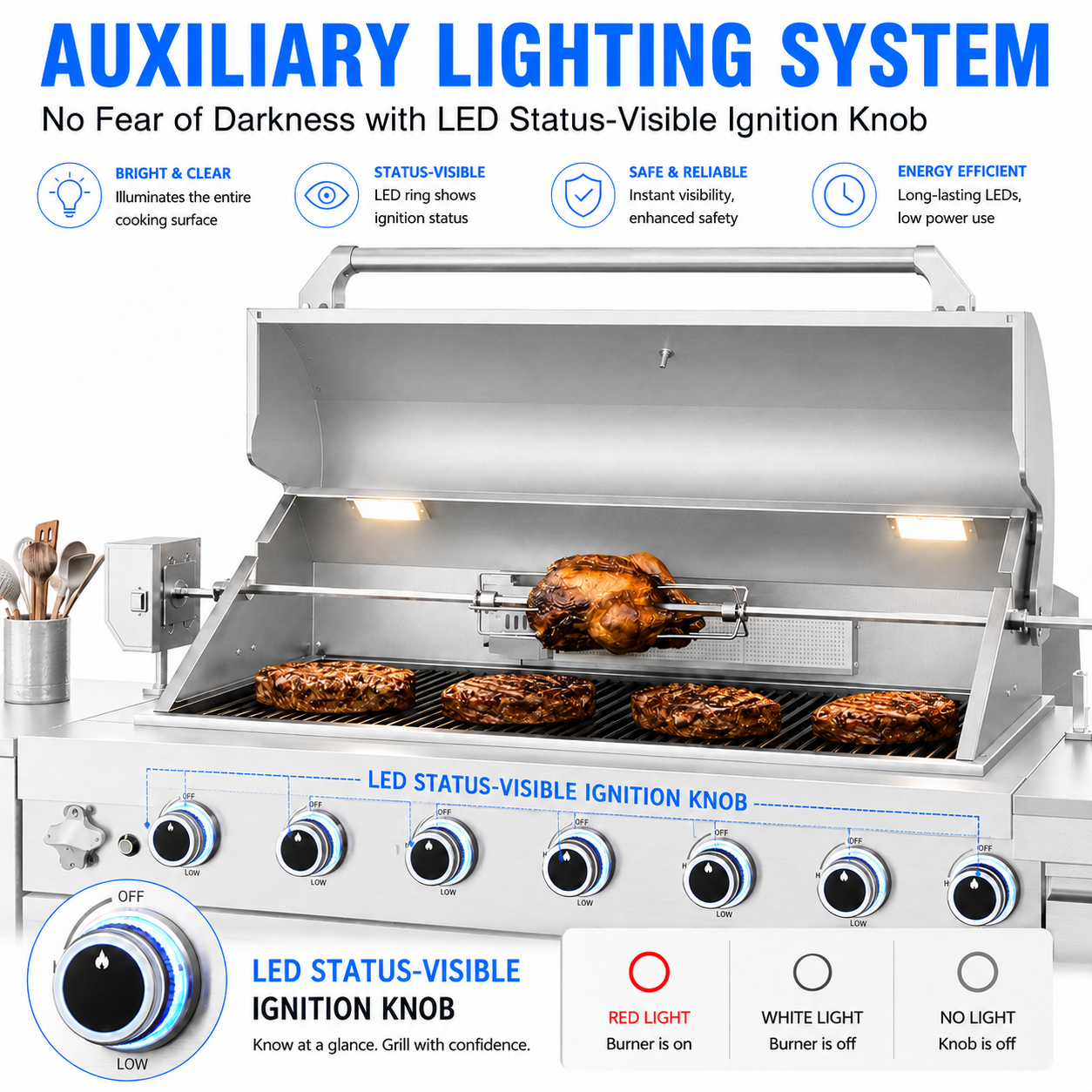 Outdoor Kitchen Island 102.4 Inch 4 Burner Propane Gas BBQ Grill 59500 BTU 304 Stainless Steel Silver Color With CSA, ETL Certification + Sink + Refrigerator