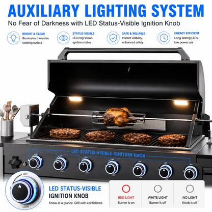 Outdoor Kitchen Island 102.4 Inch 4 Burner Propane Gas BBQ Grill 59500 BTU 304 Stainless Steel Black Color With CSA, ETL Certification + Sink + Refrigerator