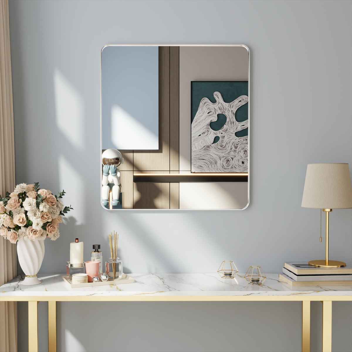 Noir 32" x 36" Silver Framed Rectangular Bathroom Mirror