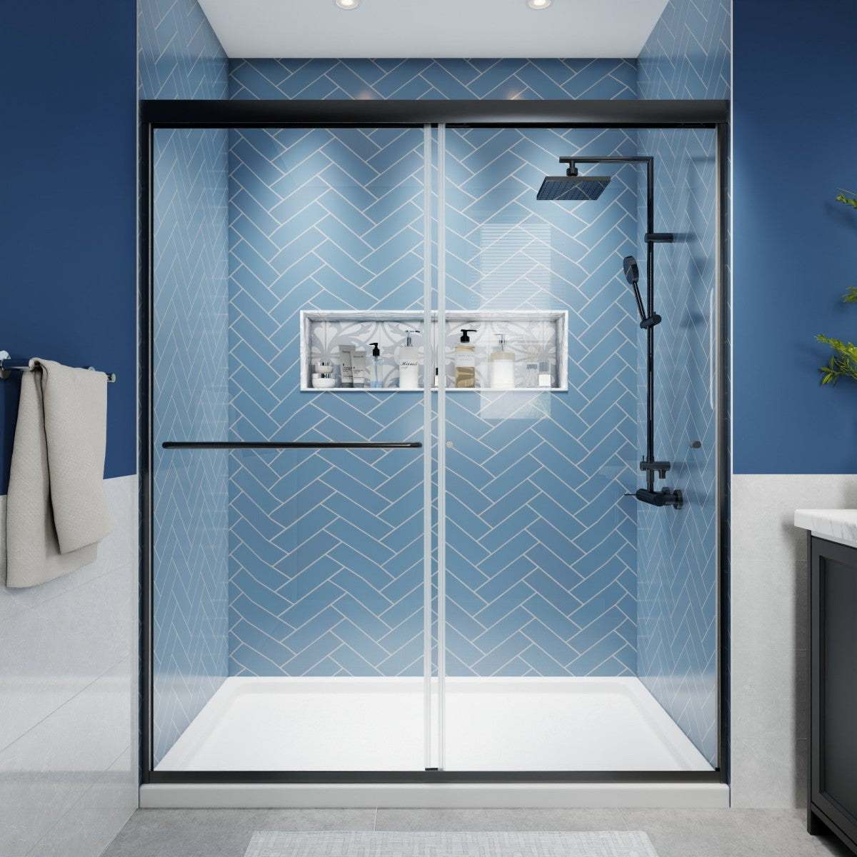 Glide Semi-Frameless Shower Door 56-60 in. W x 72 in. H Bypass Sliding Shower Enclosure,Matte Black,Double Sliding Glass Bathroom Doors