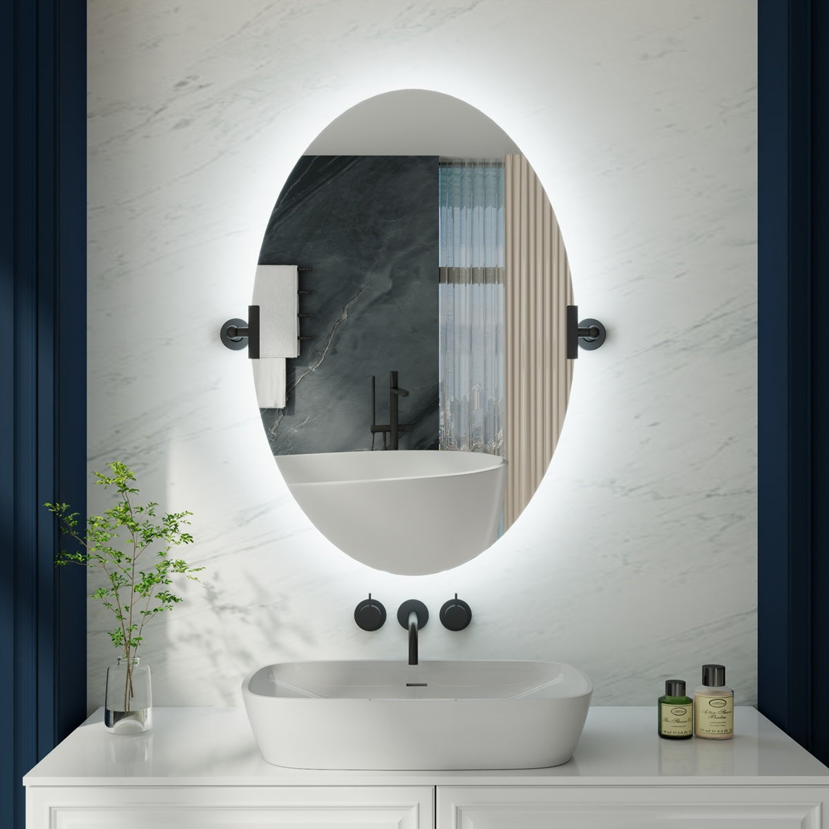 24"x 36" Navi-pro Frameless Oval 3-Color Backlit Pivoting LED Bathroom Mirror