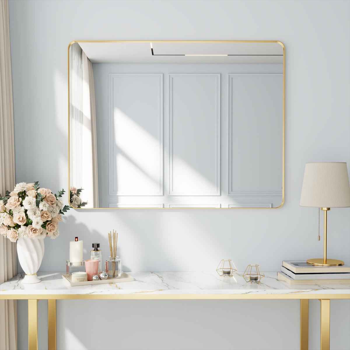 Noir 48" x 36" Gold Framed Rectangular Bathroom Mirror