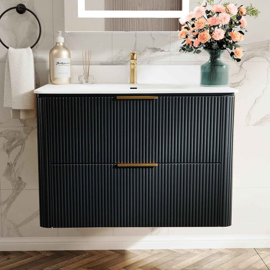 30 inch Floating Bathroom Vanity with Sink, Pre-Assembled, Wall Mounted Plywood Bathroom Storage Cabinet with Safety Rounded,Large Soft-Close Fluted Drawers & Metal Handles
