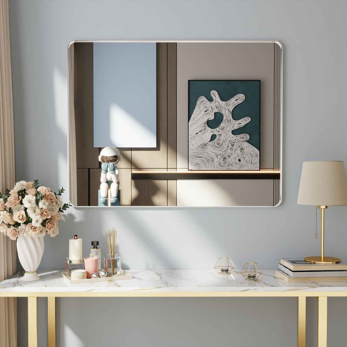 Noir 48" x 36" Silver Framed Rectangular Bathroom Mirror