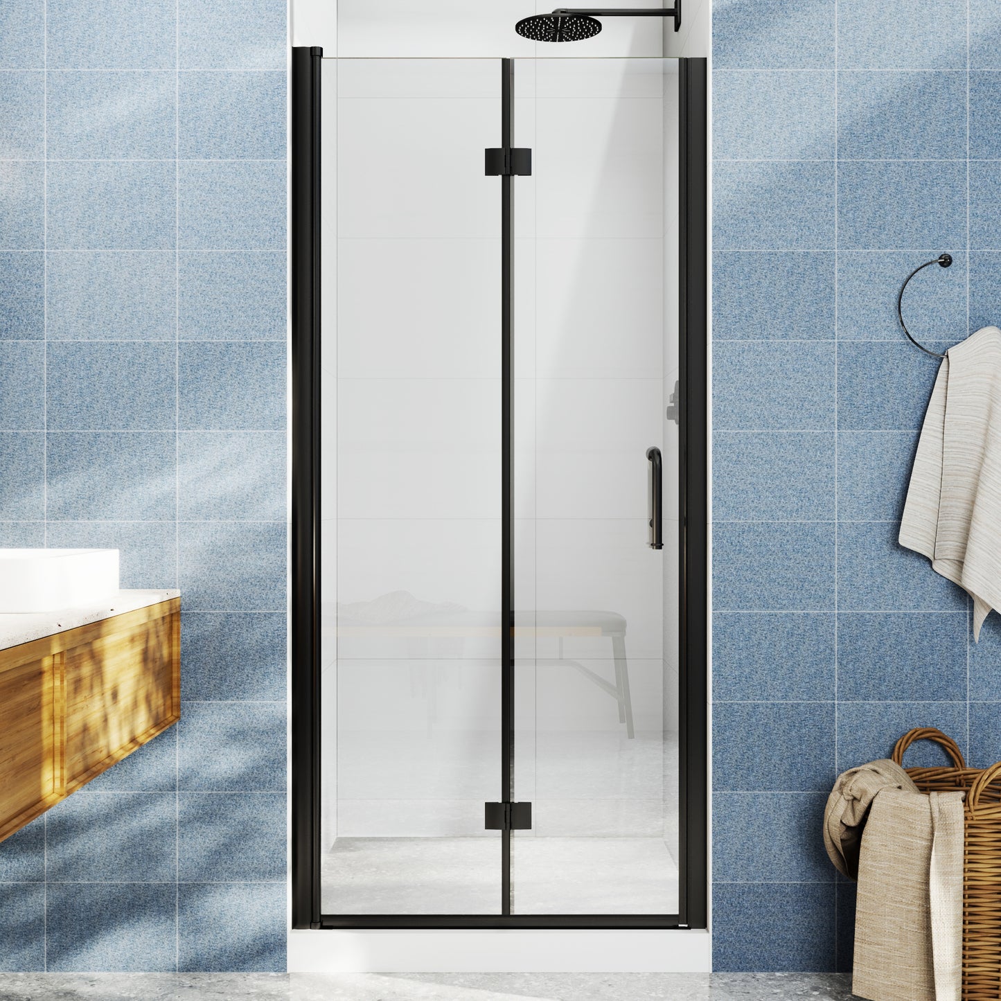 Adapt Allsumhome Bifold Shower Door 34-36 in.W x 72 in.H Pivot Swing Shower Doors,Matte Black,Clear Tempered Glass