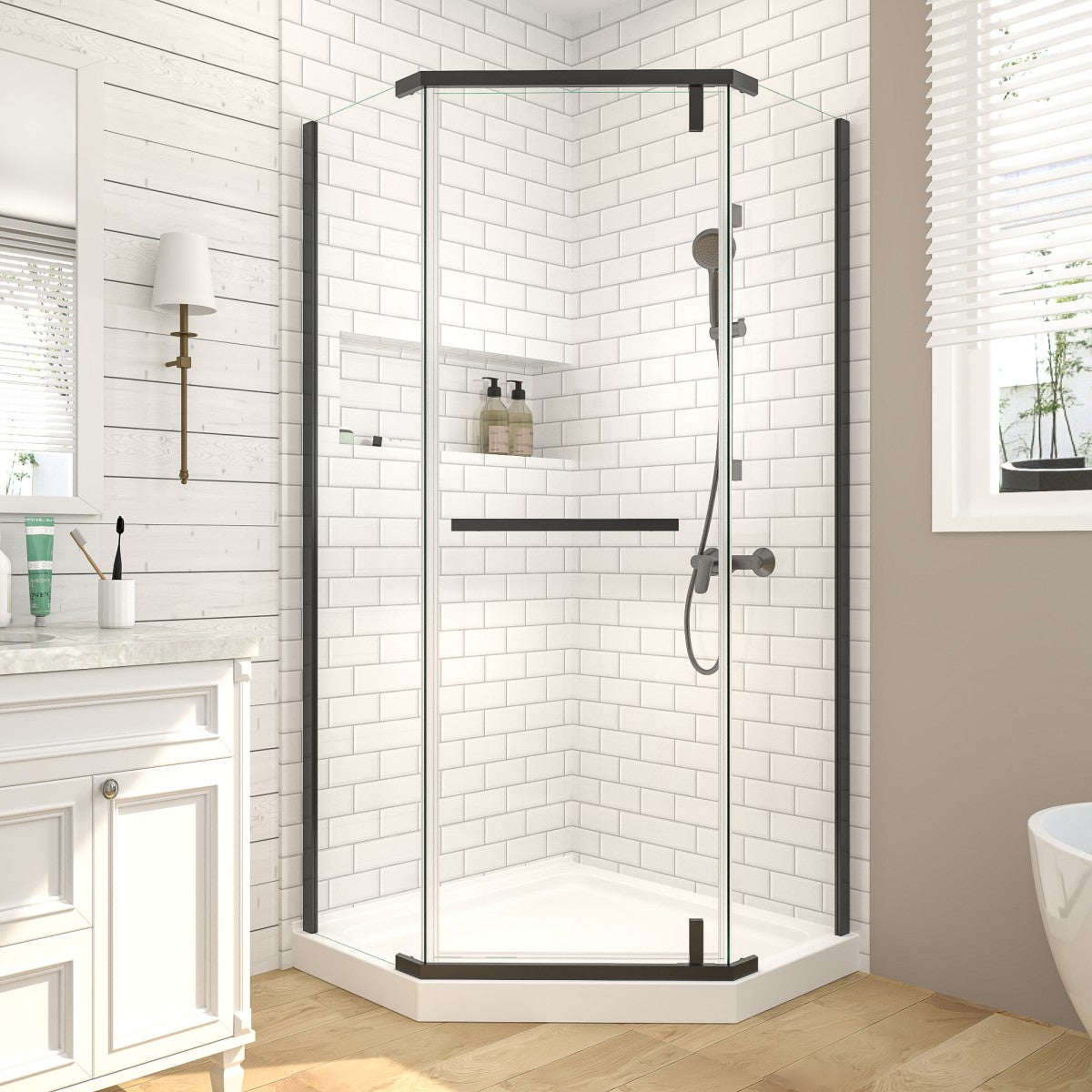 Prism Neo-Angle Frameless Shower Door 36 in. W x 72 in. H Corner Shower Enclosure with 6mm Clear Glass,Pivot Shower Doors,Matte Black