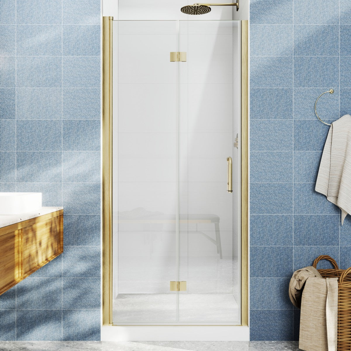 Adapt Allsumhome Bifold Frameless Glass Shower Door 32-34 in.W x 72 in.H Brushed Gold,Tempered Shower Glass