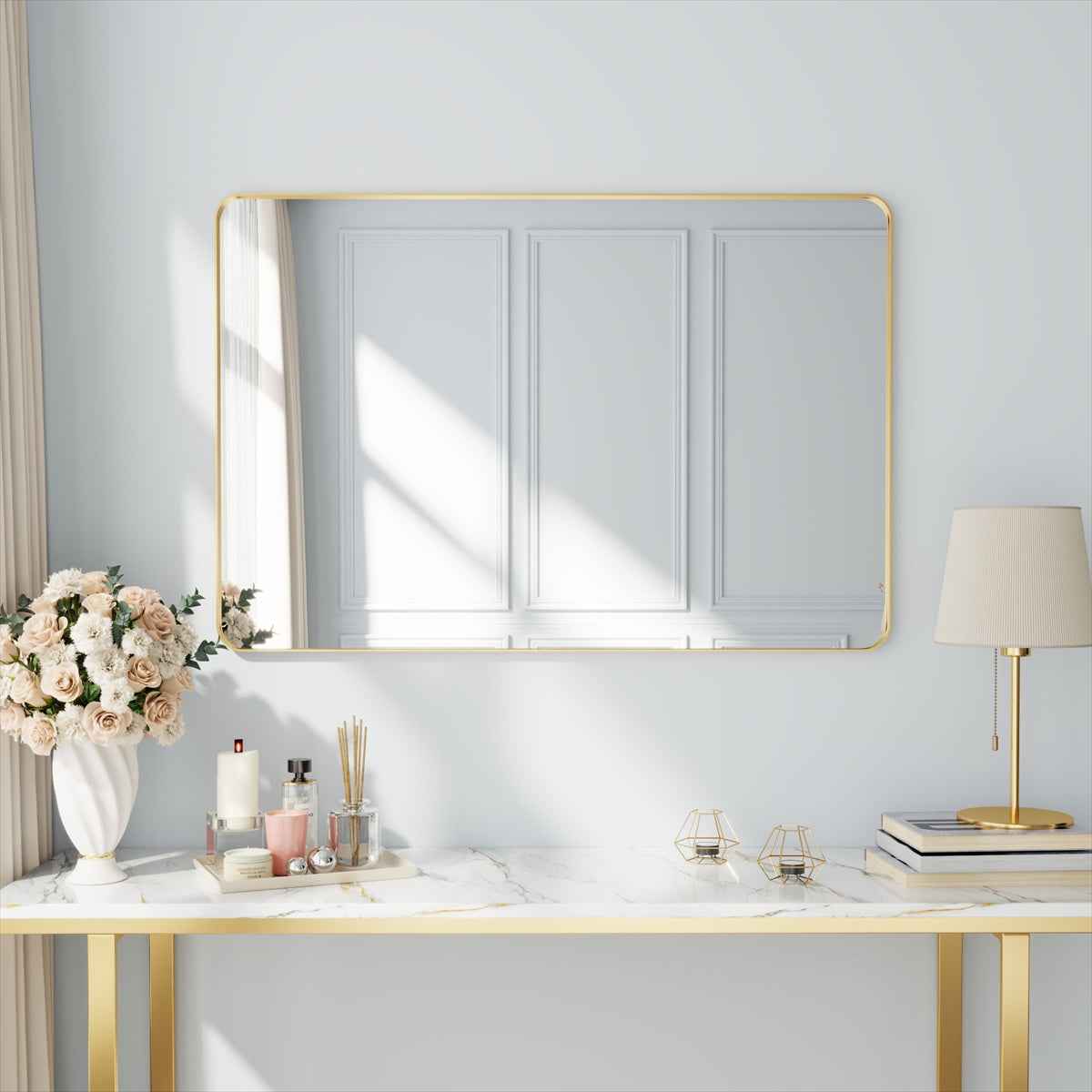 Noir 48" x 32" Gold Framed Rectangular Bathroom Mirror