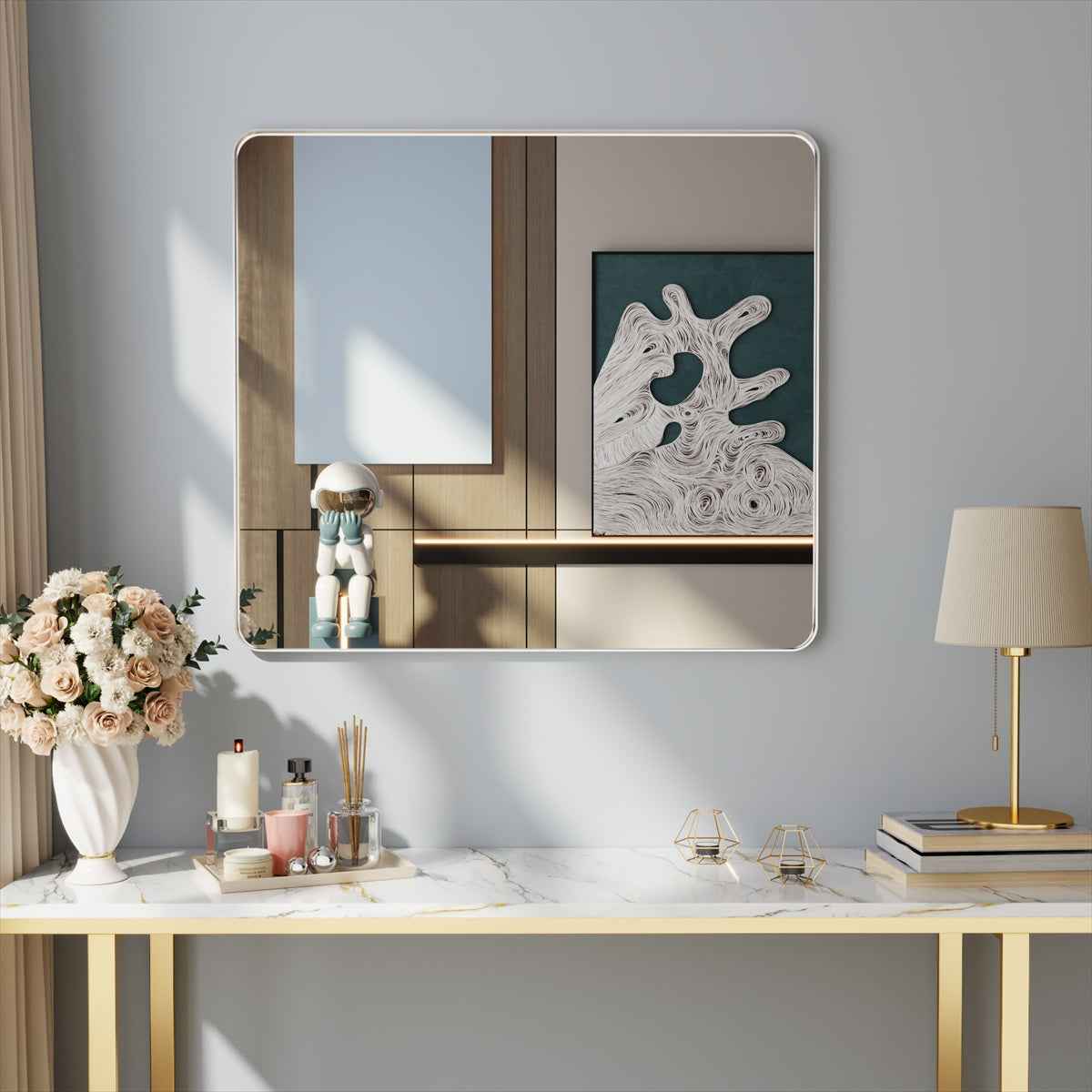 Noir 40" x 36" Silver Framed Rectangular Bathroom Mirror