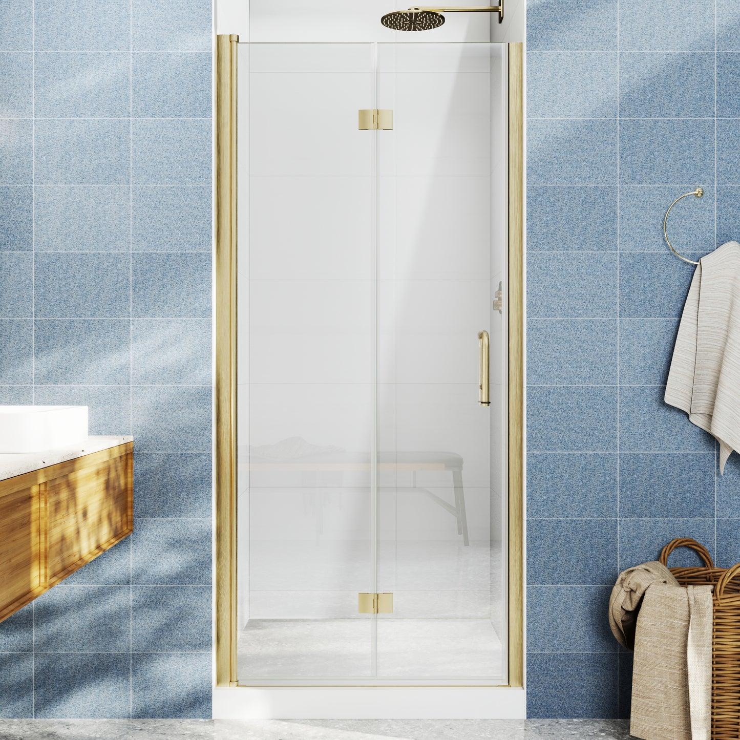 Adapt Allsumhome Bifold Shower Door 34-36 in.W x 72 in.H Pivot Swing Shower Doors,Brushed Gold,Clear Tempered Glass