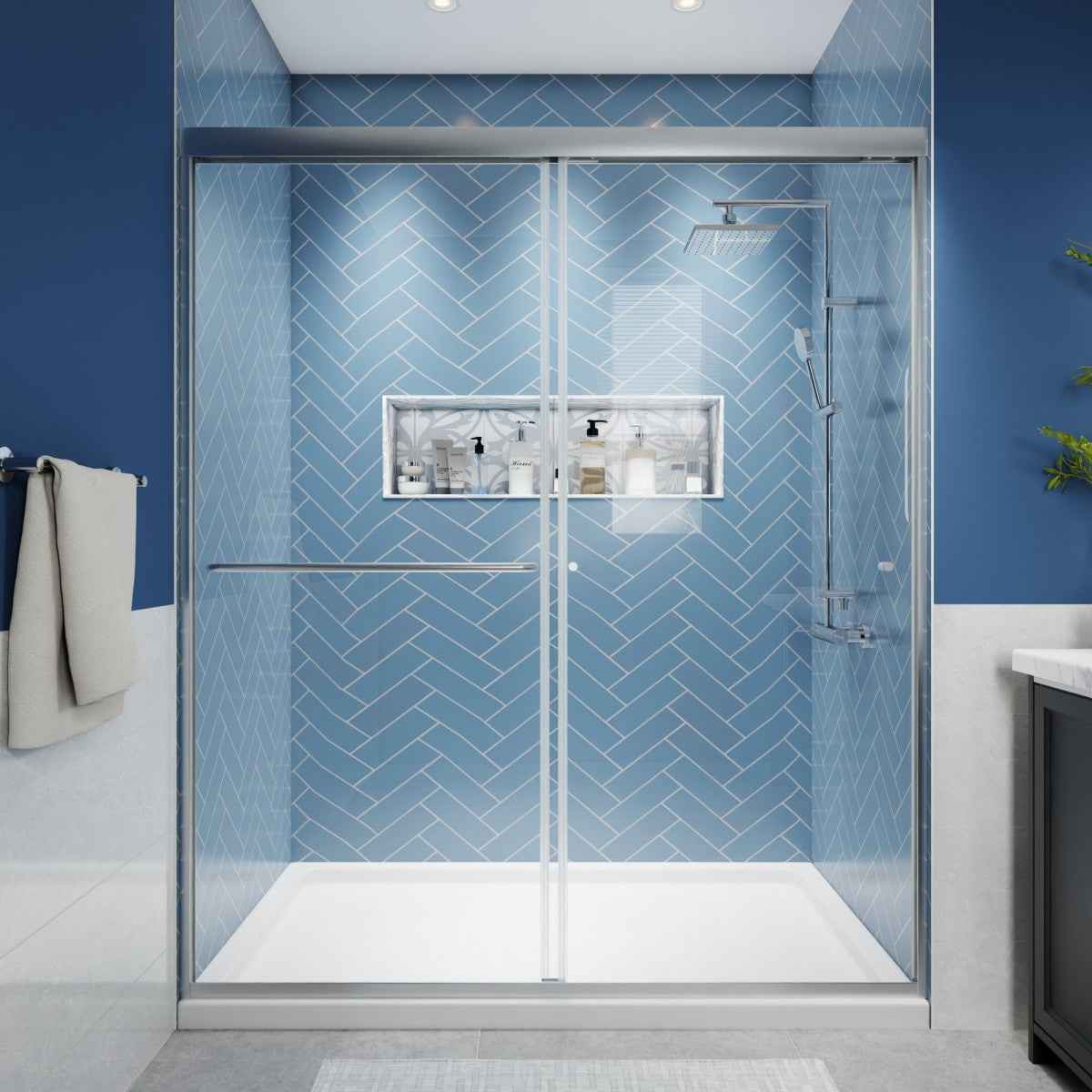 Sliding glass shower doors in chrome finish with clear glass, dual sliding design, and stainless steel handles.