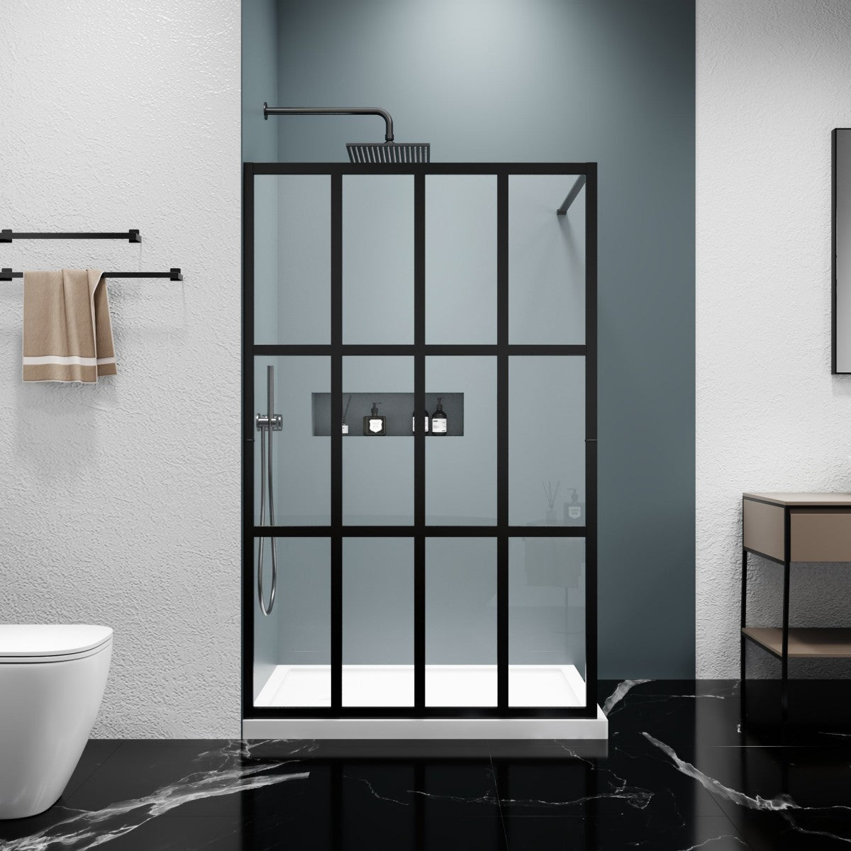Atlas 46" X 72" Black Shower Door Clear Tempered Glass Framed Shower Screen Walk-in,Corner shower door - ExBriteUSA