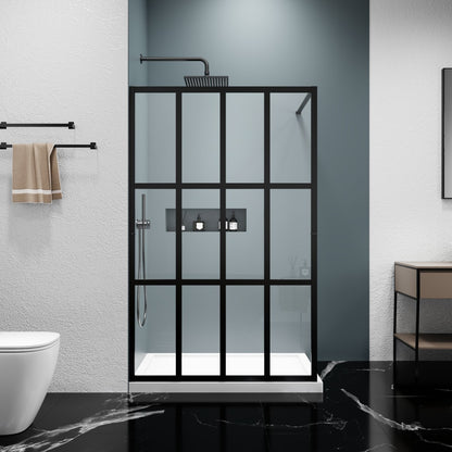 Atlas 46" X 72" Black Shower Door Clear Tempered Glass Framed Shower Screen Walk-in,Corner shower door - ExBriteUSA