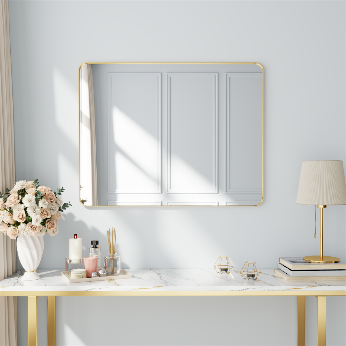 Noir 40" x 32" Gold Framed Rectangular Bathroom Mirror
