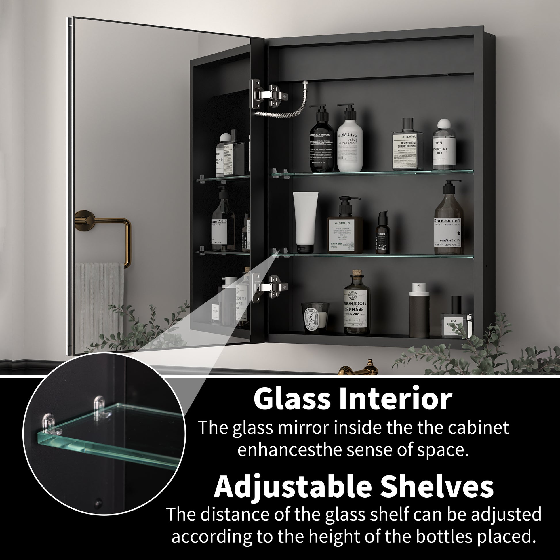 ExBrite 20"W x 26"H LED Medicine Cabinet with Matte Black Finish, Adjustable Shelves, Anti-Fog, USB Ports, Recessed or Surface Mount, Hinge on Left - ExBriteUSA