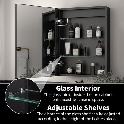 ExBrite 20"W x 26"H LED Medicine Cabinet with Matte Black Finish, Adjustable Shelves, Anti-Fog, USB Ports, Recessed or Surface Mount, Hinge on Left - ExBriteUSA