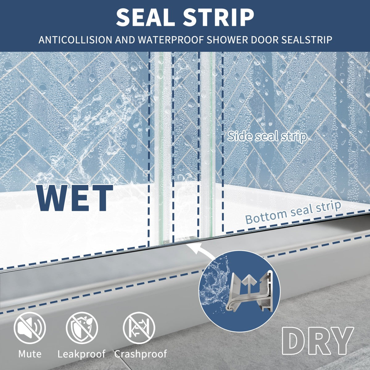 Chrome finish sliding glass shower doors with clear glass, featuring anti-collision and waterproof seal strip.