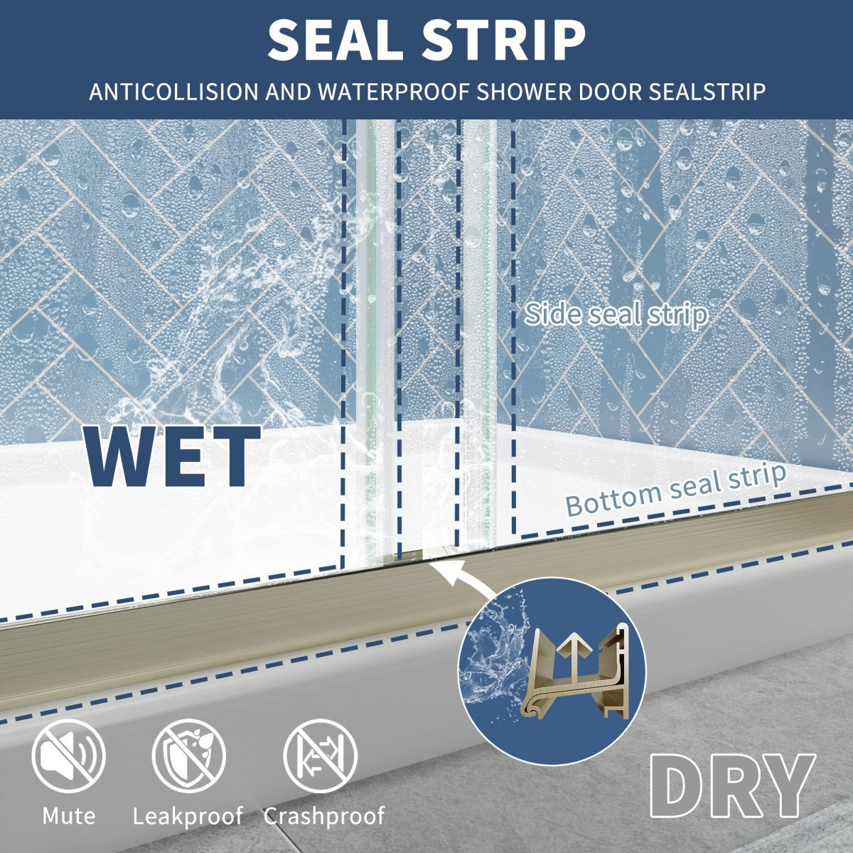 Glide 44-48" Wide x 70" Sliding Glass Shower Doors Frame in Brushed Gold,Clear Tempered Glass